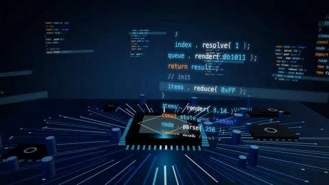 Code plates orbiting a glowing core on a cobalt circuit board with radial Stockbeeldmateriaal 340201221