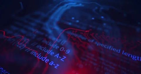 Code processing. Digital technology red and blue background. Motherboard. Stock Footage 81365859