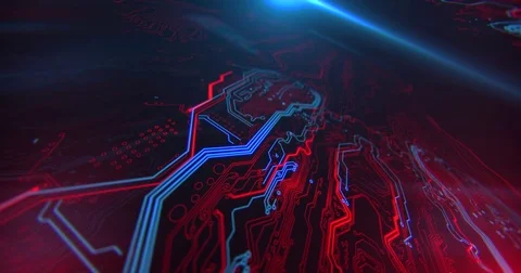 Code processing. Digital techonlogy red and blue background. Motherboard. Stock Footage 81365862