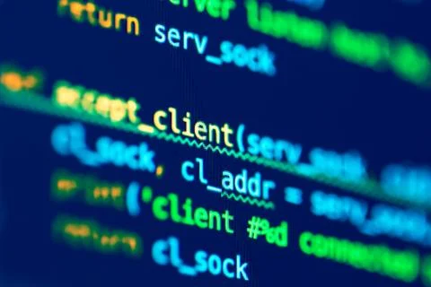 Code of programming language on the screen of laptop. Software development. P 库存照片