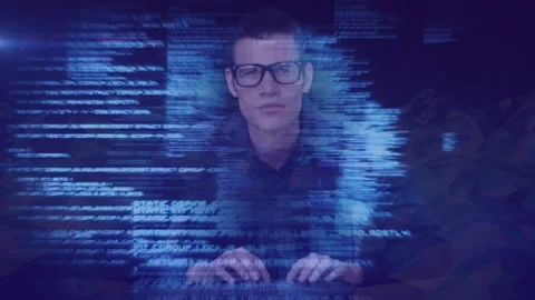 Code projection activating, coder typing on keyboard while holo overlays Stock Footage 333967399