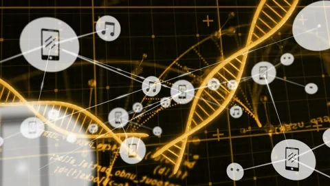 Code pulse pulsing golden helix waving as white icons spawning, moving on lines Stock Footage 331048326