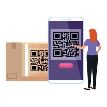 Code qr in box and smartphone with businesswoman Illustrazione stock