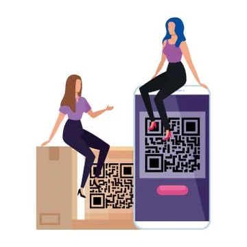 Code qr in box and smartphone with businesswomen Stock Illustration