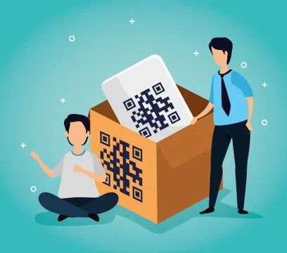 Code qr in box with businessmen and icons Stock Illustration