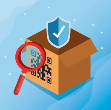 Code qr in box with magnifying glass and shield Illustrazione stock