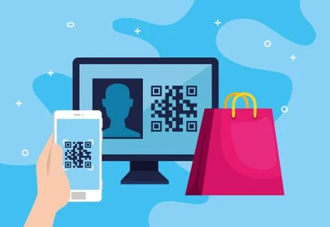 Code qr in computer with smartphone and bag shopping Stock Illustration