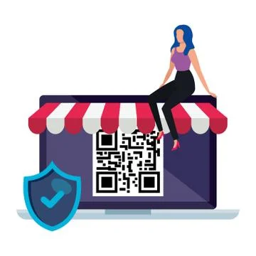 Code qr in laptop with shield and businesswoman Illustrazione stock
