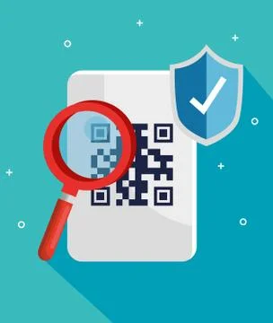Code qr with magnifying glass and shield Illustrazione stock