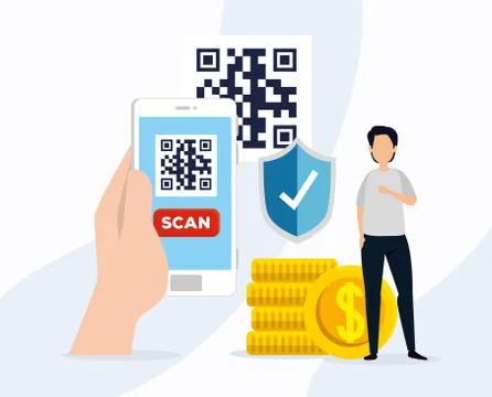 Code qr in smartphone with businessman and icons Stock Illustration