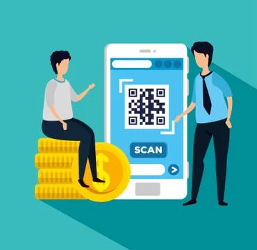 Code qr in smartphone with businessmen and icons イラスト素材