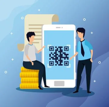 Code qr in smartphone with businessmen and icons Stock Illustration