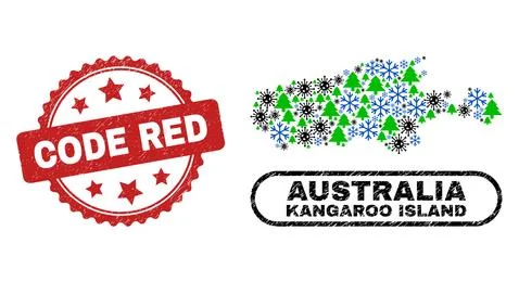Code Red Grunge Seal Stamp and Kangaroo Island Map Mosaic of Coronavirus New Illustrazione stock
