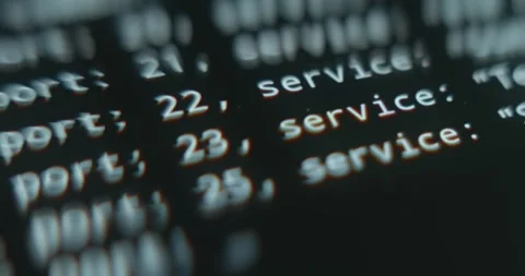 Code related to network services and ports, cybersecurity concept Stock Footage 313425045