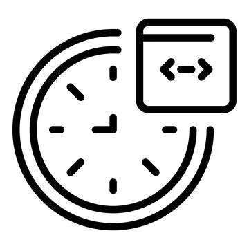 Code on round clock icon, outline style 库存插图