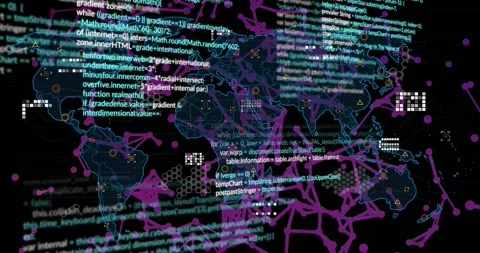 Code running, map emerging, hex grid overlaying, lines connecting nodes, Stock Footage 318194543