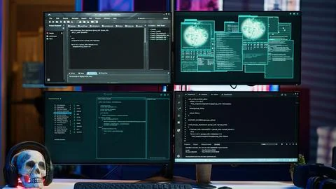 Code running on monitors in empty apartment used by hacker stealing state 스톡 사진
