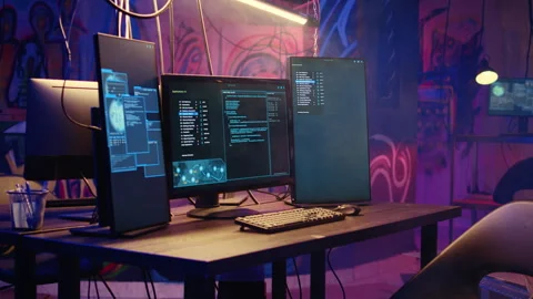 Code running on PC in underground base Stock Footage 256941347