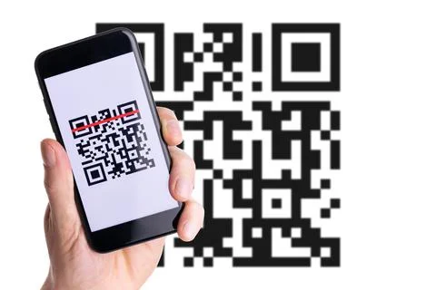 Code scan icon. Hand holding digital mobile smart phone with qr code scanner  Stock Photos