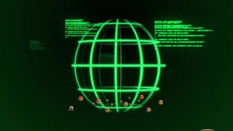 Code scan starting mesh sphere rotating, red frames orbiting, emojis circling Video stock 315788160