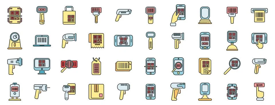 Code scanning icons set vector color line 스톡 일러스트