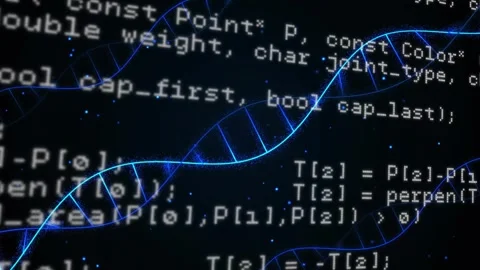 On code scroll, glowing DNA helix emerging, undulating, strand weaving, pulsing Stock Footage 318142770