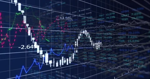Code scroll starting 3D bar chart rotating and fluctuating visualizing market Stock Footage 310318149