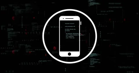 On code scroll, white phone emblem pulsing, showing code lines, sliding Stock Footage 328468918