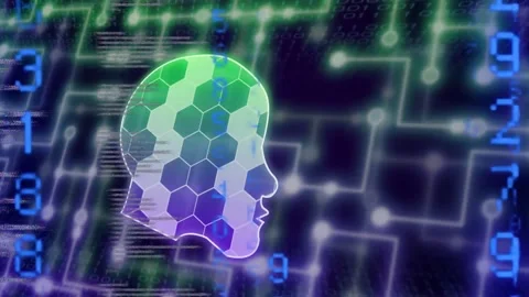 On code scrolling, 3D head pulsing, hex tiles lighting, numerals flowing, Stock Footage 334337769