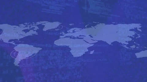 Code scrolling behind map starting pulsing rings around South America, Europe, Stock Footage 329297337