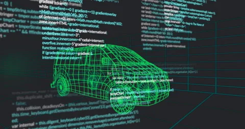 Code scrolling behind wireframe van on grid, intensifying then fading, revealing Stock Footage 312486277