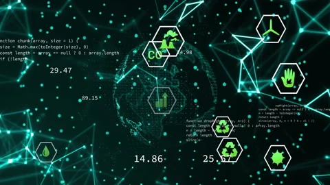 Code scrolling causing globe rotating as sustainability icons animating values Stock Footage 312905342