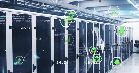 Code scrolling causing hex icons fading in server aisle, animating lines and Stock Footage 312712160