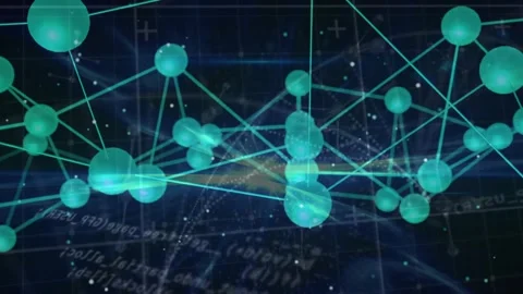 Code scrolling fading causing green spheres network rotating and pulsing showing Stock Footage 317594520