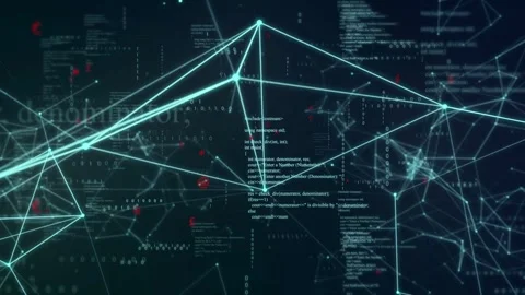As code scrolling, glowing nodes linking into mesh, triangle growing, pulsing to Stock Footage 334351803
