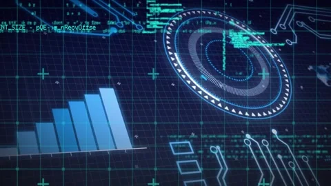 Code scrolling initiating bars scaling and ring gauge rotating for real time 動画素材 318194029