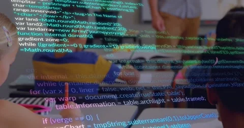 Code scrolling initiating camera panning classroom showing students writing code Stock Footage 329226187
