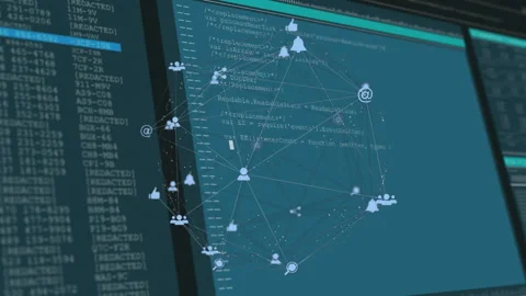 Code scrolling initiating network graph emerging and rotating over monitors for Stock Footage 314183173