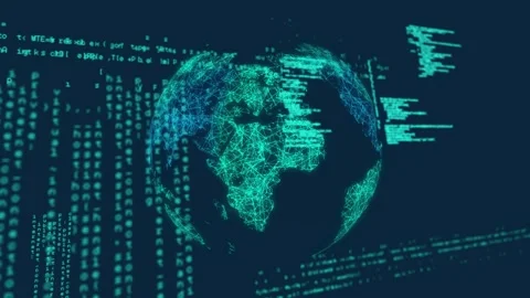Code scrolling initiating rotation, mesh globe spinning clockwise, pulsing lines Stock Footage 326887169