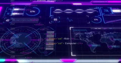 Code scrolling initiating security HUD updating, radar pulsing, gauges settling, Stock Footage 321099084