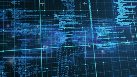 Code scrolling starting 3D grid pulsing nodes flickering and blur sweeping 스톡 동영상 313724830