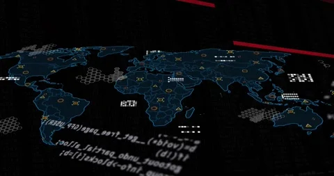 Code scrolling starting wireframe map emerging popping icons pulsing hex Stock Footage 317369204