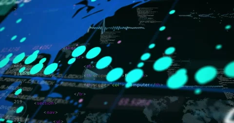 Code scrolling starting world map emerging points aligning metrics updating live 動画素材 313640059