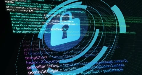 Code scrolling while rings forming around pulsing blue padlock icon visualizing Stock Footage 317157073