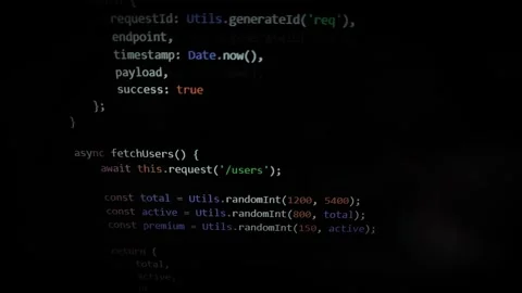Code scrolls on dark computer screen with handheld movement effect. Program.. Video stock 335830169