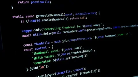 Code scrolls on a dark screen. Programming lines move across the display in.. 스톡 동영상 335465854