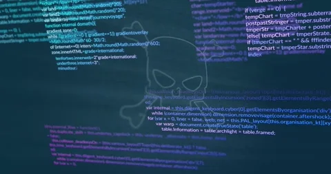 Code showing, scrolling; skull forming; HUD stacking; neon glyphs moving, Stock Footage 321100236