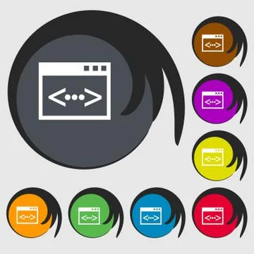 Code sign icon. Programmer symbol. Symbols on eight colored buttons. Vector Stock Illustration