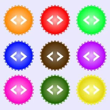 Code sign icon. Programmer symbol. A set of nine different colored labels. Ve 스톡 일러스트