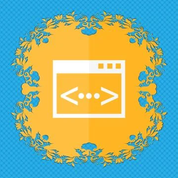 Code sign icon. Programmer symbol. Floral flat design on a blue abstract backgro Stock-Illustration
